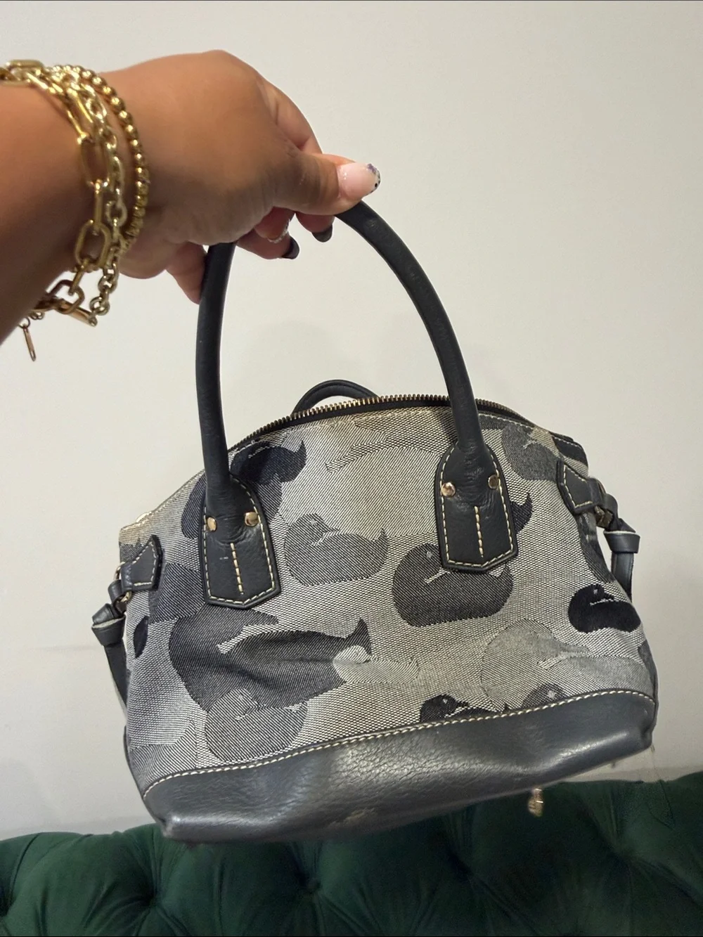 Gray Canvas & Black Leather Satchel Handbag